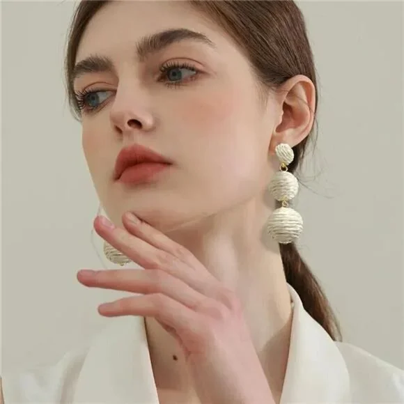 Boho Double Ball Drop Earrings – Woven Rattan Statement Earrings, Set of 2 pair - Picture 3 of 7